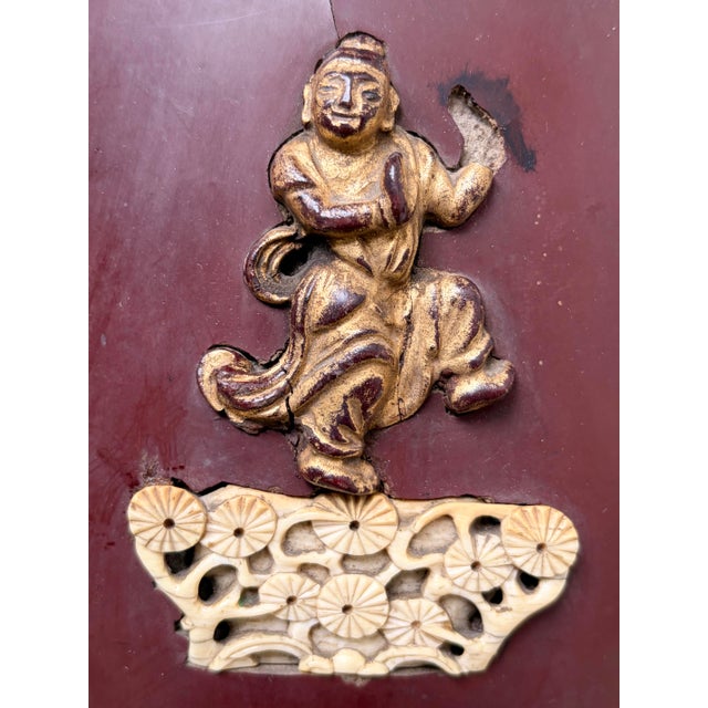 Antique Chinese Wine Red Lacquer Wood Vase With Bone and Jade Accents. For Sale In Los Angeles - Image 6 of 12