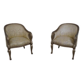 Pair Neoclassical Silver Finish Damask Upholstered Club Chairs For Sale