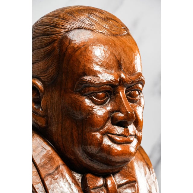 English Nice Large Antique Winston Churchill Carved Wood Bust Statue Sculpture Home Decor For Sale - Image 3 of 15
