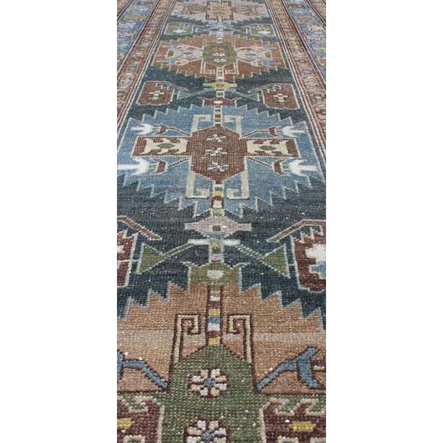 Antique Persian Hamadan Runner With Angular Medallion Design in Soft Blue, Green For Sale - Image 9 of 12