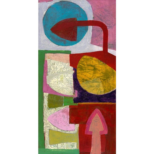 Bold arrow and disc shapes in red, pink, blue, mustard and green stack up the tall canvas, layered with collaged map-like...