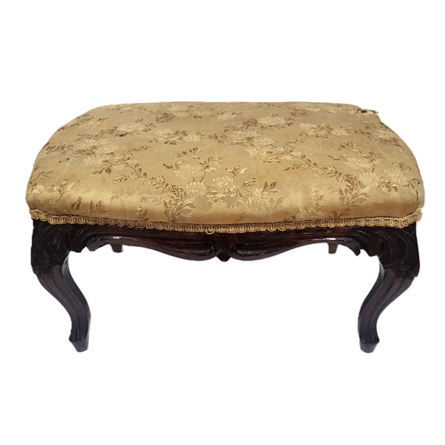 American Victorian 19th C Carved Mahogany Upholstered Footstool Bench For Sale - Image 11 of 12