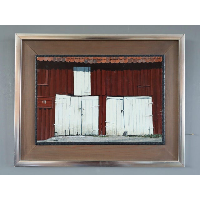 THE WHITE DOORS Size: 11.2 x 14.4 inches (including frame) Oil on canvas A mid-century painting that presents a quietly...