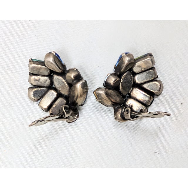Metal Vintage 1960s Signed Kramer Blue & Green Cuba Rhinestone Clip Earrings-2 Pieces For Sale - Image 7 of 7