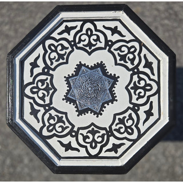 Moroccan White and Black Moroccan Hand-Painted Accent Table For Sale - Image 3 of 6