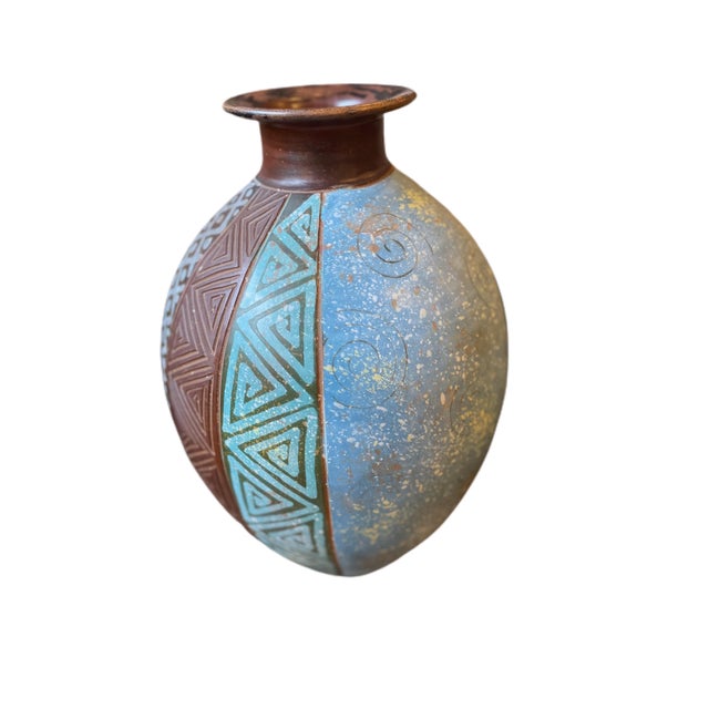 Handmade Artisan Signed Aztec Pattern Ceramic Pottery Vase | Chairish