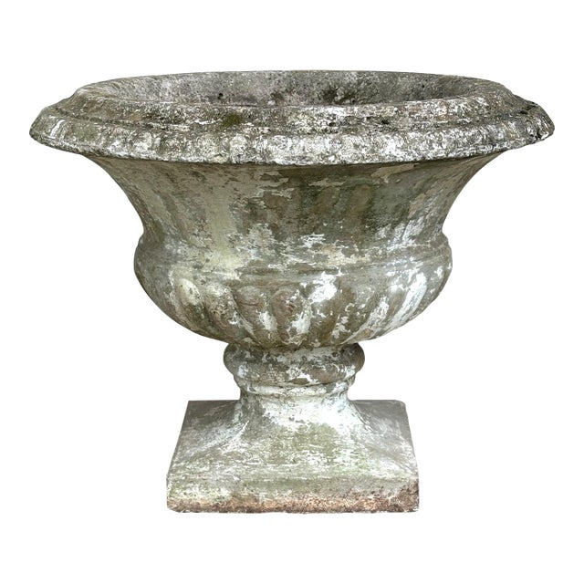 Cast Stone Campana Garden Urn With Moss Patina — Mid Century For Sale