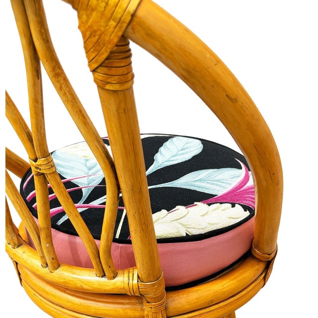 1950s Restored 3-Strand Arch Base Rattan Bar Stools W/ Woven Backrest, Pair For Sale - Image 9 of 9