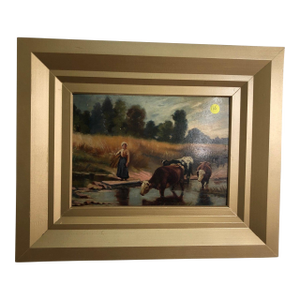 Antique 19th Century Oil on Board Pastoral Scene