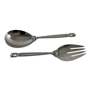 1970s Georg Jensen Sterling Silver Serving Spoon & Fork, Acorn For Sale