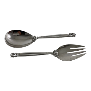 1970s Georg Jensen Sterling Silver Serving Spoon & Fork, Acorn