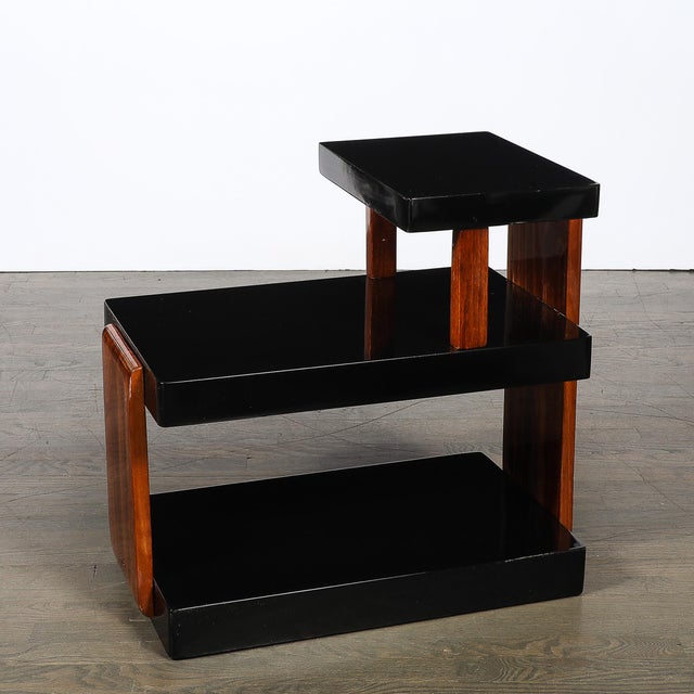 Art Deco Machine Age Three-Tier Black Lacquer & Walnut Side Table For Sale In New York - Image 6 of 14