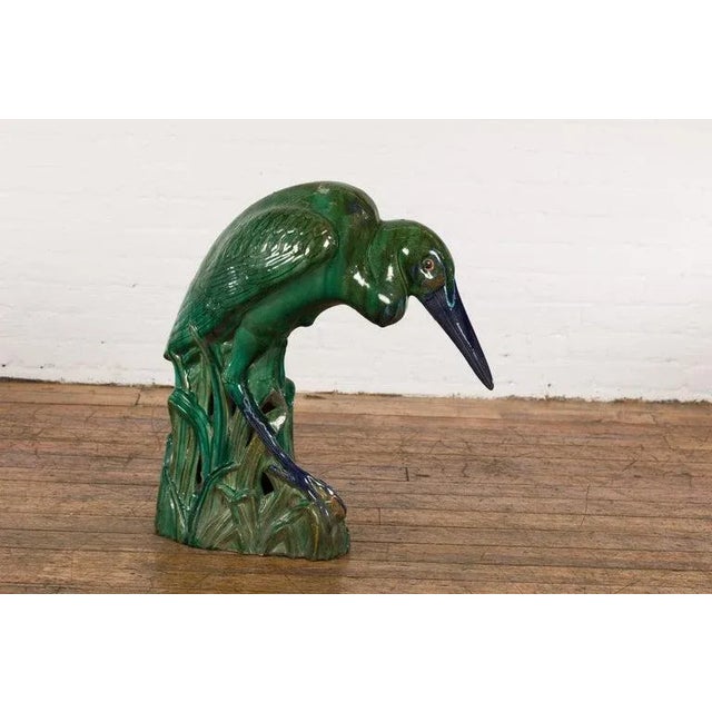 Figurative Vintage Lifesize Chinese Green & Blue Glazed Ceramic Heron Bird Sculpture For Sale - Image 3 of 13
