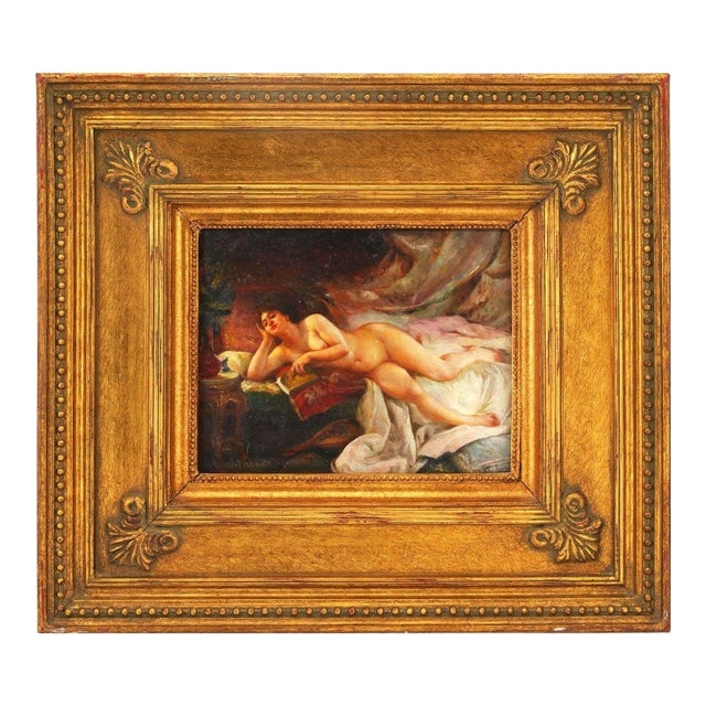 Early 20th Century Henry Tucker Reclining Nude With Book Oil Painting on Board For Sale