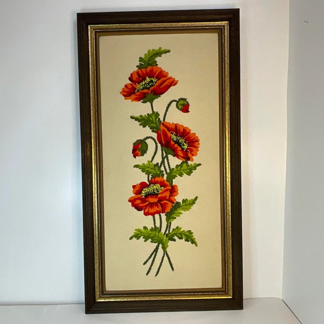 1960s Americana Folk Art Large Scale Framed Poppies Crewel