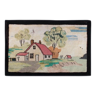 Pictorial Antique American Hooked Rug With Old Farm House Setting 2'2 X 3'5 For Sale