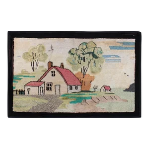 Pictorial Antique American Hooked Rug With Old Farm House Setting 2'2 X 3'5