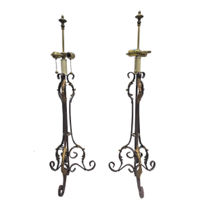 Pair of Mid 20th Century French Renaissance Style Patinated Metal Table Lamps
