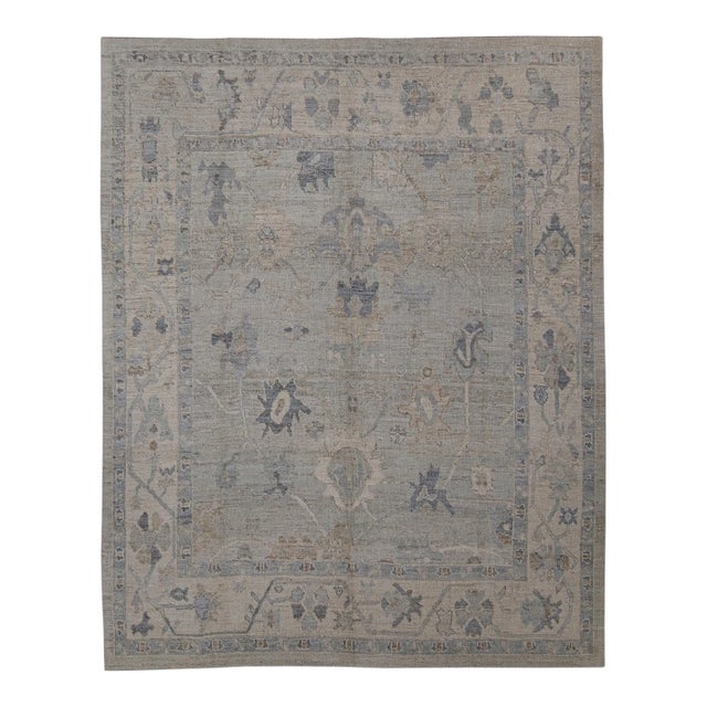 Turkish Oushak Rug Blue & Taupe Handwoven Wool Rug 8'6" X 10'7" For Sale