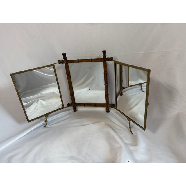Antique Aesthetic Movement Faux Bamboo Trifold Mirror, Japanned Panels, For Sale - Image 4 of 16