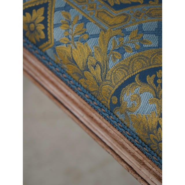 1960s French Louis XVI Blue & Gold Damask Upholstered Stool For Sale - Image 5 of 12