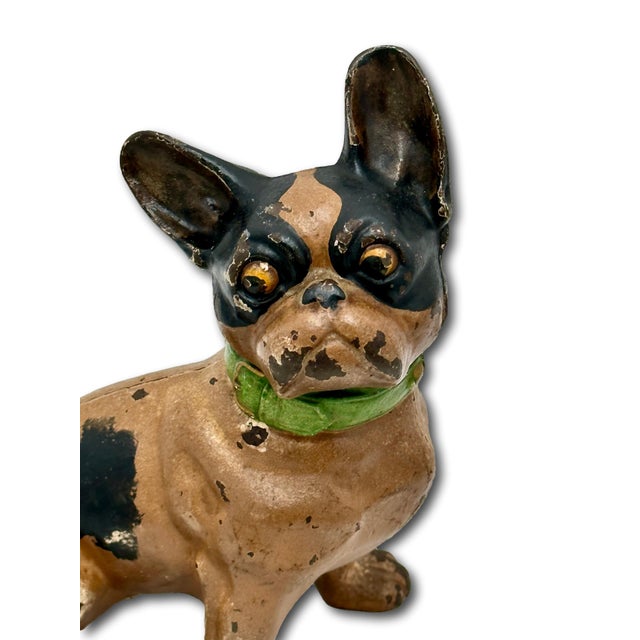 1930s Vintage 1930s Hubley Manufacturing Co. Cast Iron French Bulldog Doorstop Unusual Green Collar For Sale - Image 5 of 18