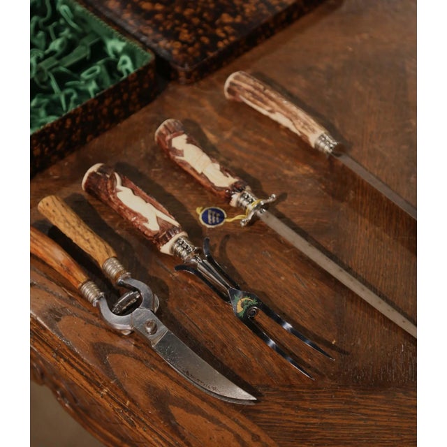 Tan Mid Century German Carved Antler 4-Piece Carving Set For Sale - Image 8 of 10