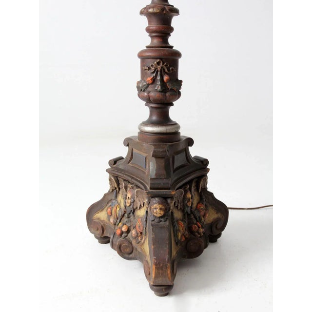 Mid-Century Modern Antique Carved Wood Floor Lamp With Glass Shade For Sale - Image 3 of 11