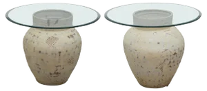 Large Pottery Urn Pots Lamp Tables with Glass Tops, Set of 2