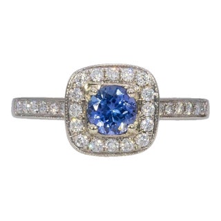 Tanzanite Estate Ring With Natural Diamond Accents: Solid 14k Gold, Round 5mm, Size 6.75 For Sale