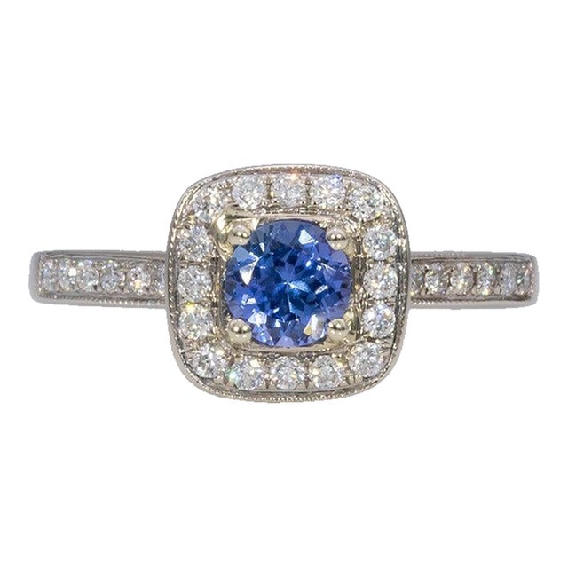 Tanzanite Estate Ring With Natural Diamond Accents: Solid 14k Gold, Round 5mm, Size 6.75 For Sale