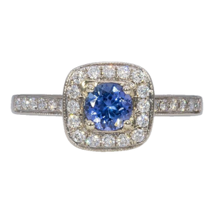 Tanzanite Estate Ring With Natural Diamond Accents: Solid 14k Gold, Round 5mm, Size 6.75