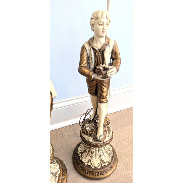 Figurative Mid 20th Century French Figurative Lamp Boy Girl Peasants Chalkware - a Pair For Sale - Image 3 of 13