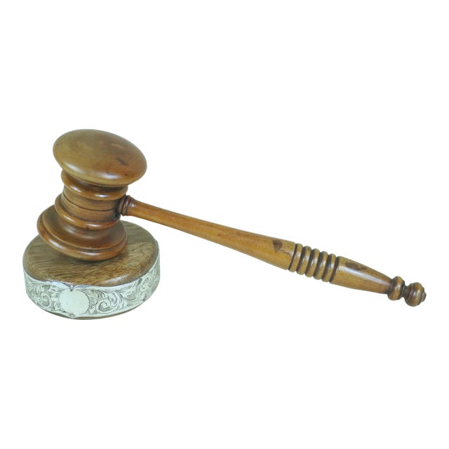 Late Victorian English Gavel and Block With Sterling Silver Label For Sale