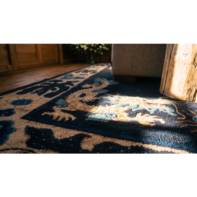 1890s Navy Blue Dragon Medallion Antique Chinese Ningxia Carpet 6' X 8' 8'' Wool Knotted Rug For Sale - Image 10 of 11