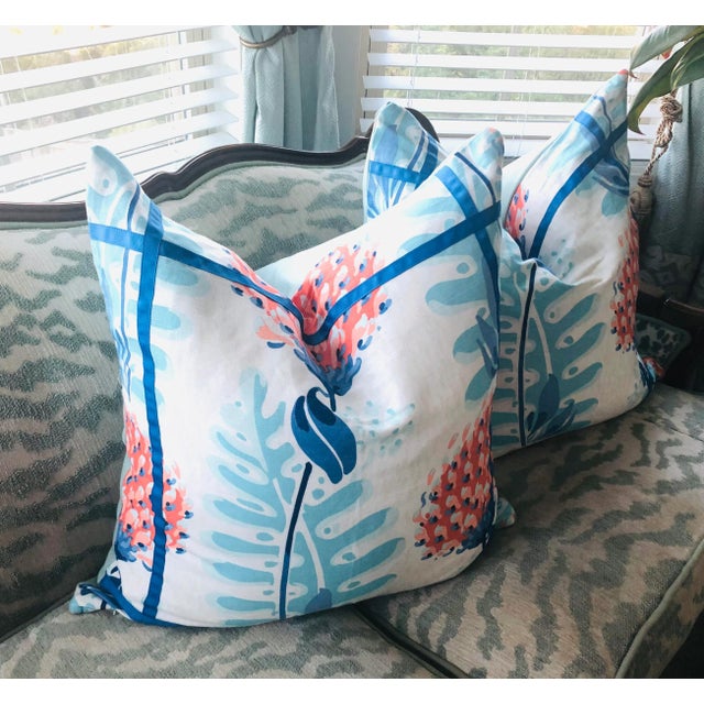 2020s Contemporary Thibaut Triverton Floral Linen Pillow Covers in Coral Royal Blue Aqua - a Pair For Sale - Image 5 of 7