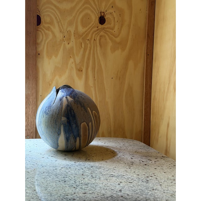 Studio Pottery Orb Vase wirh Pinched Organic Opening and Drip Glaze, 1940 For Sale - Image 10 of 13