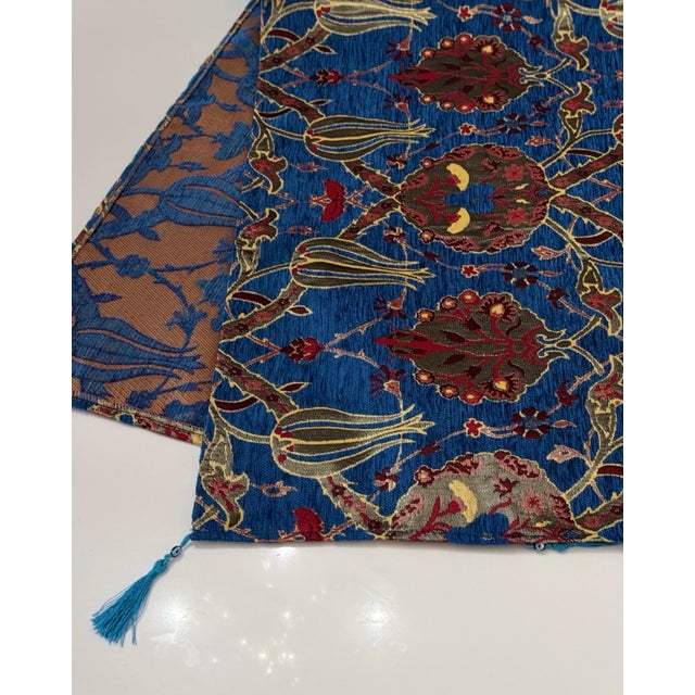 Textile Authentic Turkish Kilim Motif Table Runner in Royal Blue For Sale - Image 7 of 8