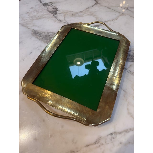 Brass Vintage Brass Tray With Green Glass Insert For Sale - Image 8 of 9