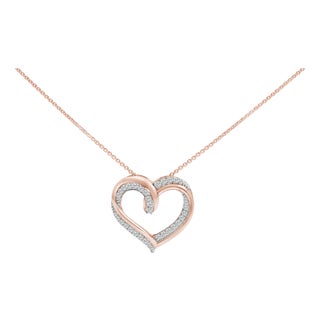14K Rose Gold Plated Sterling Silver 1/2 Cttw Diamond Open Heart Pendant Necklace For Sale