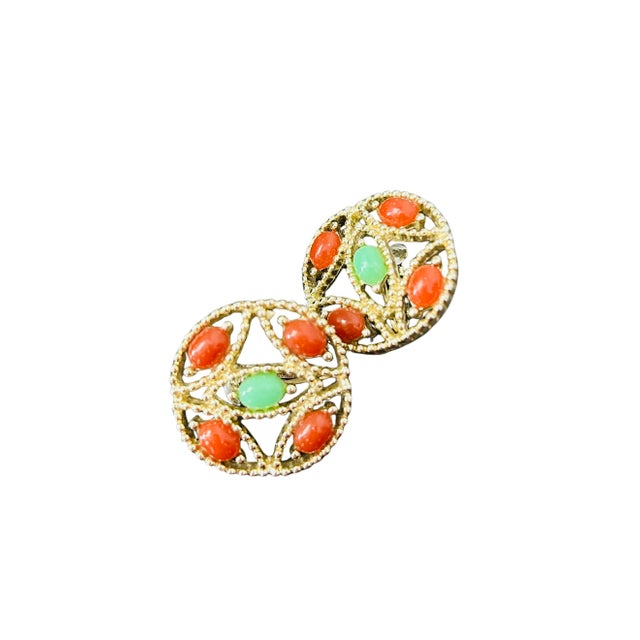 Vintage Sarah Coventry “Acapulco” Clip-on Earrings (1969) – Faux Jade & Carnelian Cabochons, Gold-Tone Signed Costume Jewelry, A Pair For Sale - Image 6 of 7