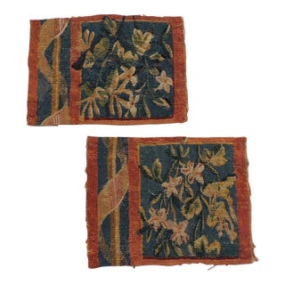Antique Small Orange and Blue Aubusson Fragments - Set of 2 For Sale