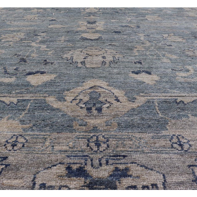 Traditional Turkish Angora Oushak Rug in Dusty Blue Background and Silver Border 9'2 X 11'7 For Sale - Image 3 of 11