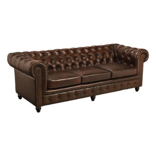 Chesterfield Style 7 Foot Espresso Brown Tufted Leather Sofa For Sale