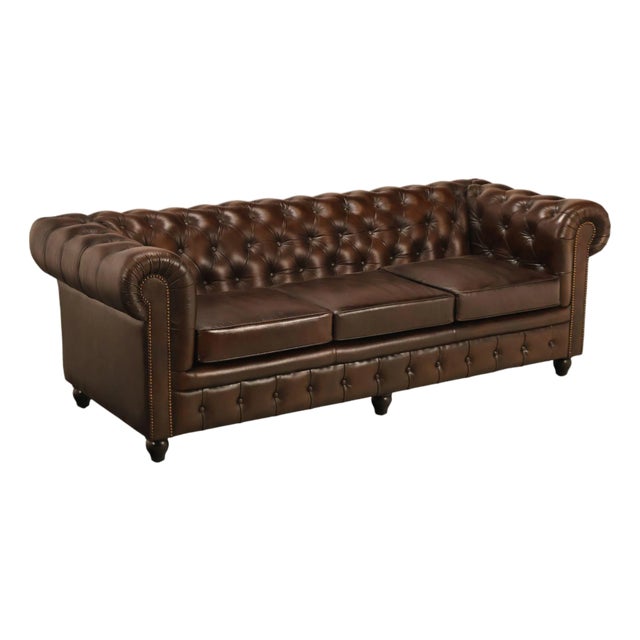 Chesterfield Style 7 Foot Espresso Brown Tufted Leather Sofa For Sale