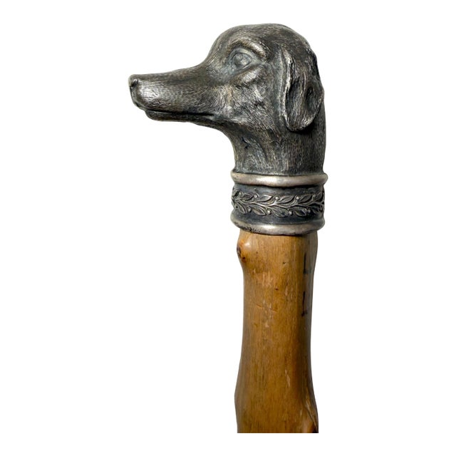Antique 19th Century Handmade 800 Sterling Silver Wood Dog Walking Stick Cane For Sale
