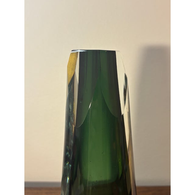 Coastal Vintage Coastal Hand Blown Green Cased Art Glass Vase With Cut Rim For Sale - Image 3 of 7