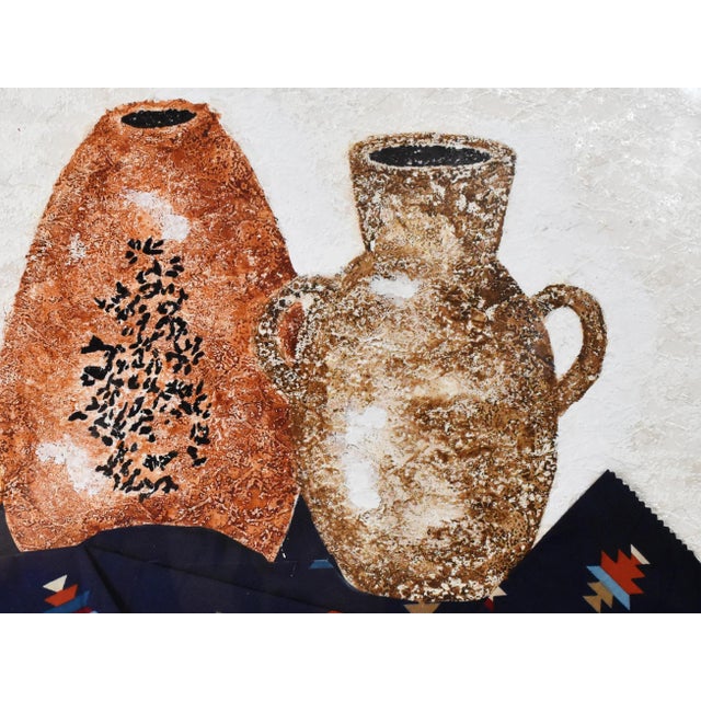 Glass Late 20th Century Still Life Pottery Urn Vase Painting and Fabric Collage With Frame For Sale - Image 7 of 13