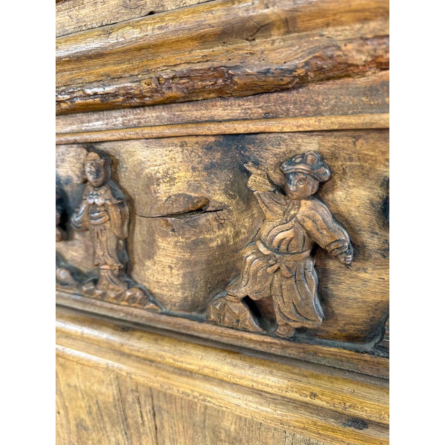 Large Antique Asian Carved Elm Four Panel Folding Screen Room Divider For Sale - Image 12 of 18