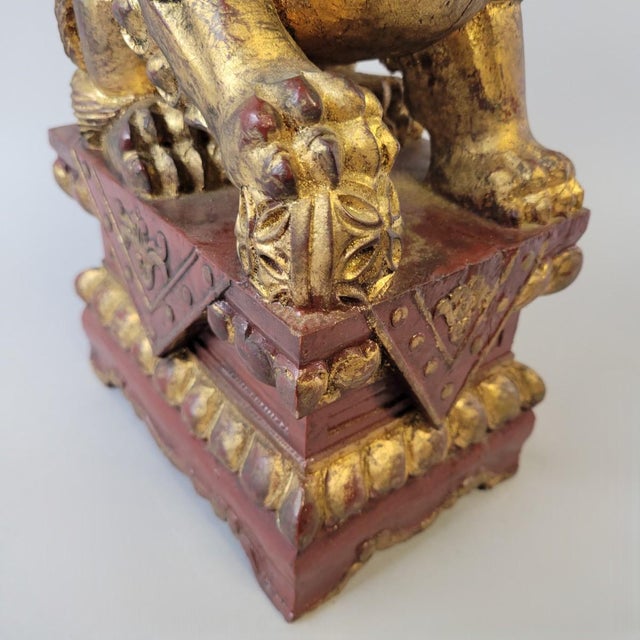 Red Early Giltwood Chinese Guardian Lion Foo Dog Architectural Carving – 12" High For Sale - Image 8 of 12